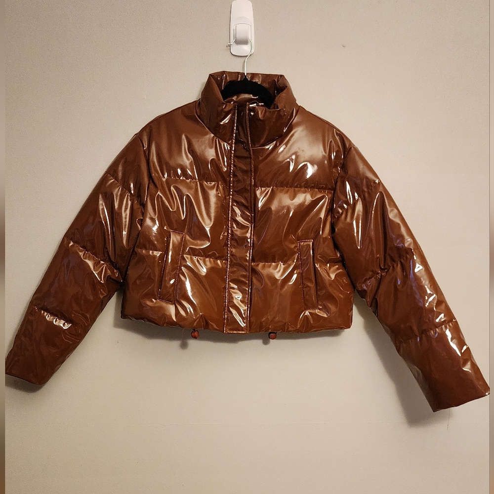Pretty Little Thing Brown Shine Puffer Patent Leather Crop Jacket Coat Size 4